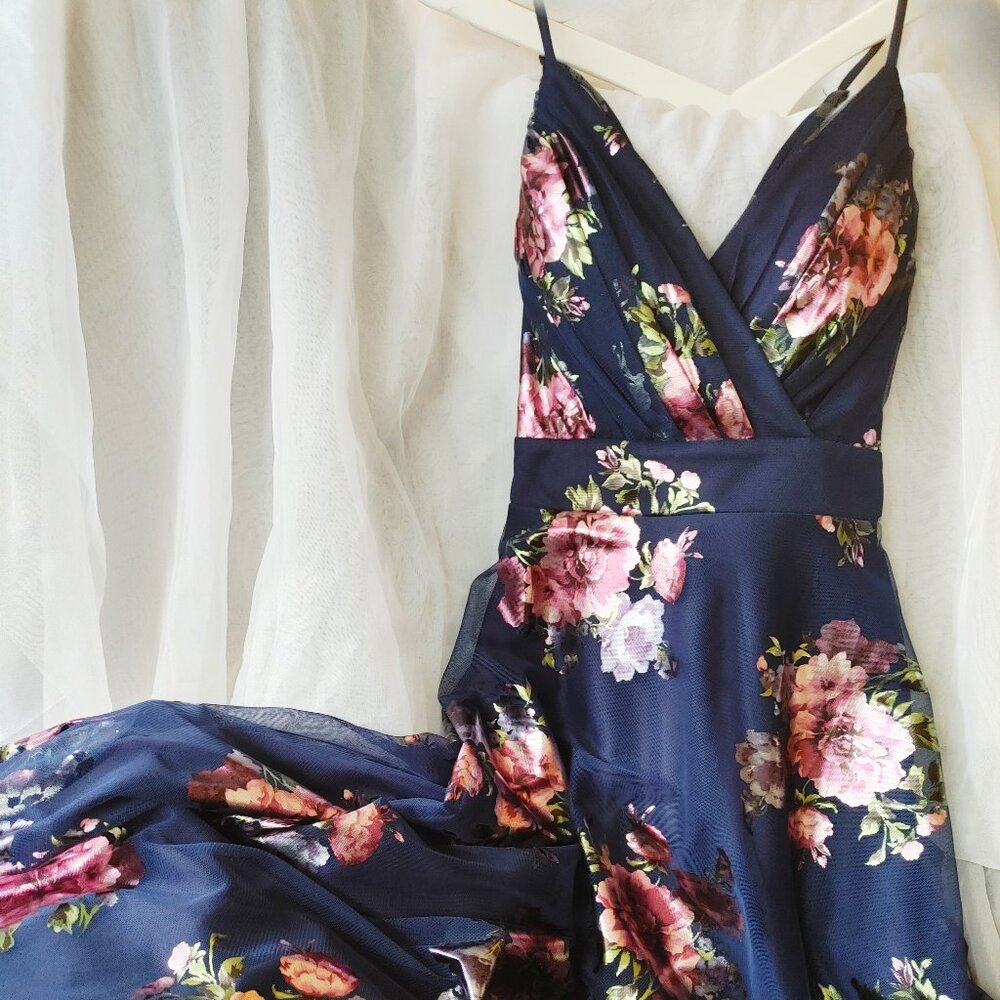 Navy Floral Metallic A-Line Evening Dress - Size 3/4, Worn Once